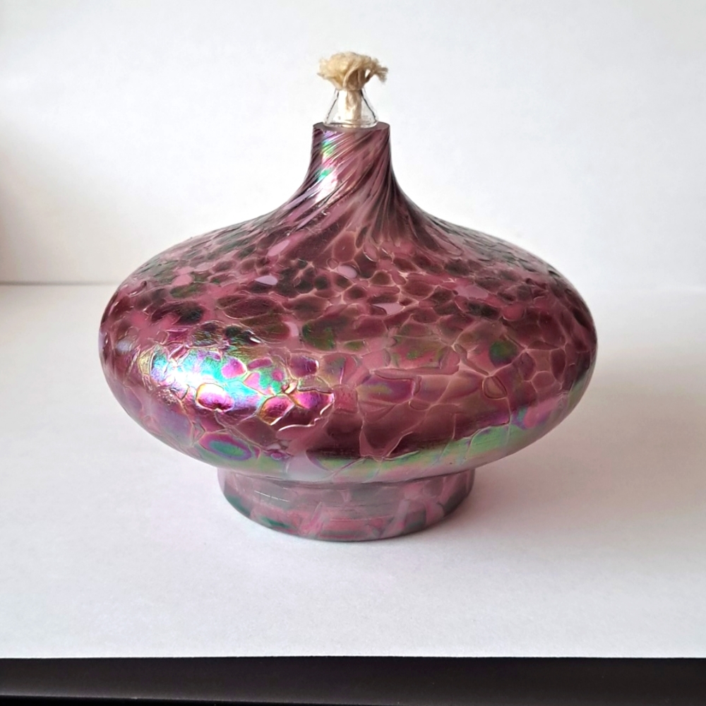 Vintage Iridescent Purple Glass Oil Lamp Signed ? 1990